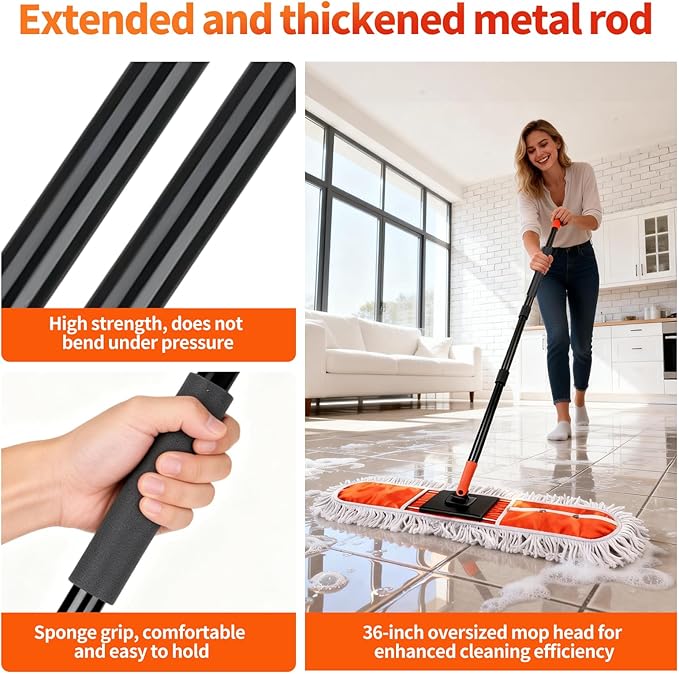 36 Large Commercial Dust Mops for Industrial Floor Marble LaminateTileConcreteGarage. Janitor Broom Wide Dry mop for Hardwood Heavy Duty Long Handle Hotel Gym Household Cleaning Supplies