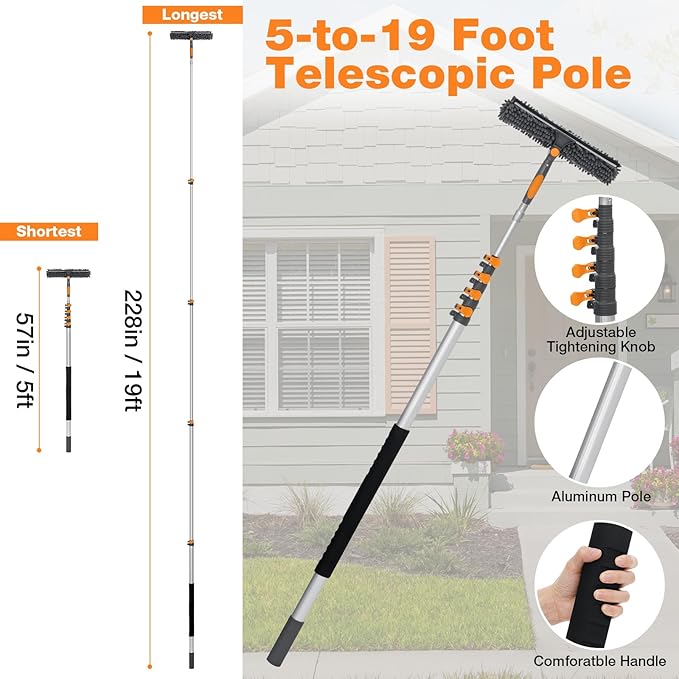26Ft Window Squeegee with 5-19 FT Extension Poles 2-in-1 Window Cleaning Kit with Telescopic Pole Extra-Large 14 Window Squeegee Window Cleaner Tool with Adjustable Head for High Window Glass RV