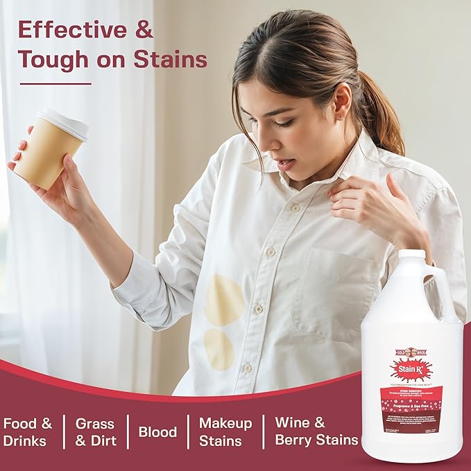 Stain Remover Effectively Eliminates Stains from Wine Berries &amp Blood on Colorfast Fabrics Carpets Upholstery &amp Jewelry Fragrance Bleach &amp Dye-Free Peroxides &amp Phosphates 1 Gall