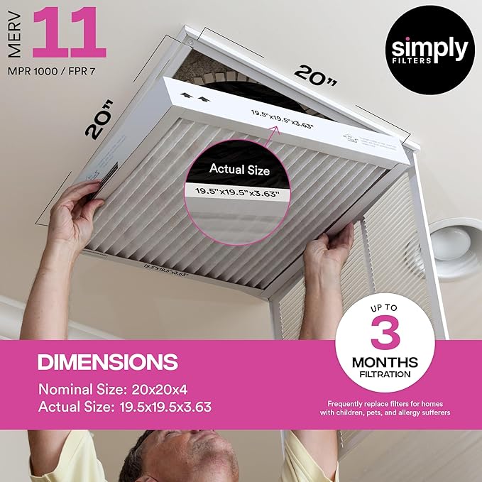 Simply 20x20x4 Air Filter MERV 11 6 Pack Furnace Air Filter for HVAC (Actual Size:19.5x19.5x3.63) DUST Pet &amp Allergy Control