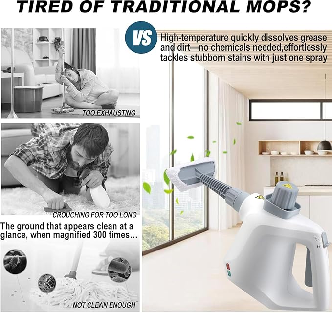 Handheld Pressurized Steam Cleaner with 11 Attachments – Portable Multi-Surface Steamer for Home Mattress Floors Couch Windows Upholstery Car and Grout – Deep Cleaning &amp Stain Removal(White