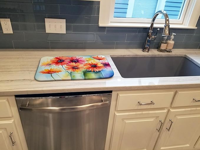 Caroline's Treasures DAC1571DDM Gerbera Daisies in Watercolor Dish Drying Mat Absorbent Dish Drying Mat Pad for Kitchen Counter Dish Drainer Mat for Countertop 14 x 21 Multicolor