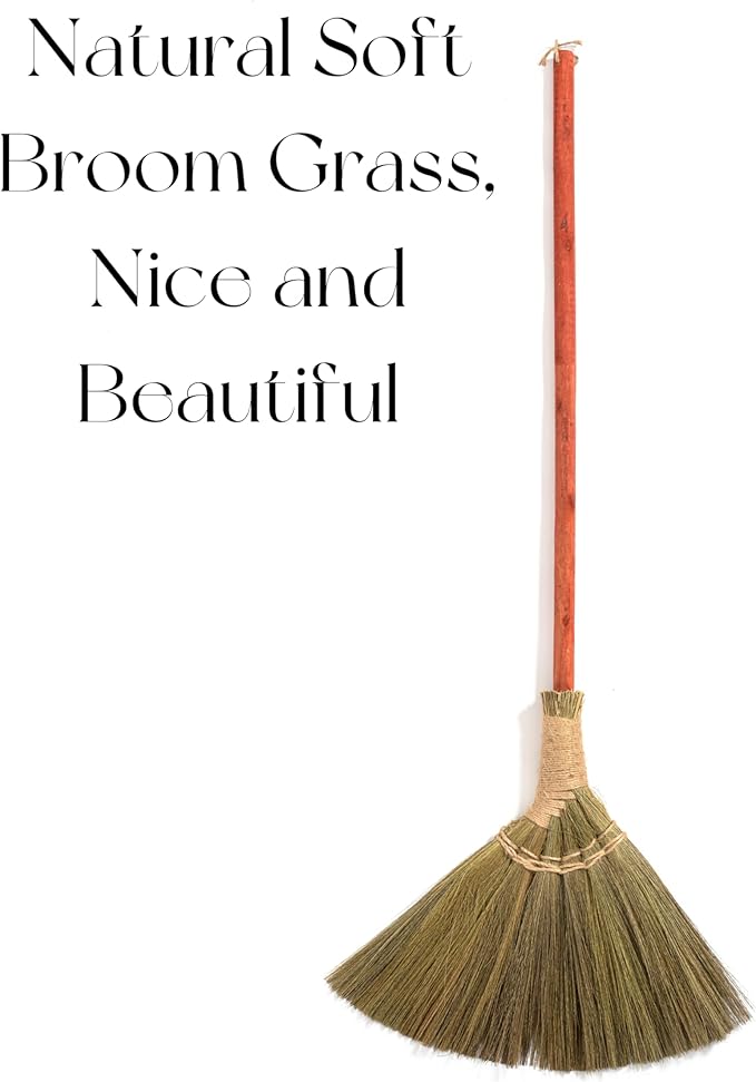 Vietnamese Natural Straw Broom – Handmade Soft Grass Broom for Indoor &amp Outdoor – Red Long Wooden Handle Broomstick for House Kitchen Garage – Wedding Jumping Broom with 46.46'' Length