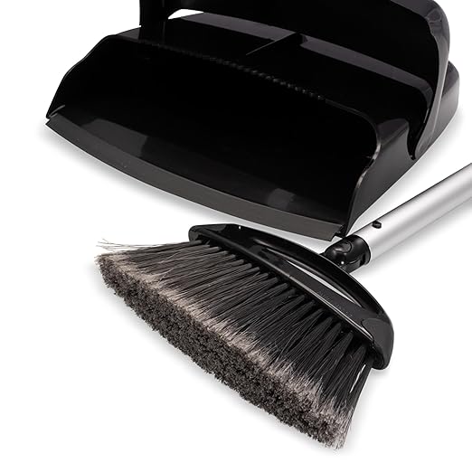 Carlisle FoodService Products Duo-Pan Upright Dust Pan and Broom Set with Adjustable Broom Head for Floor Cleaning Restaurants and Janitorial Use 36 x 11.8 x 41 Inches Black (Pack of 4)