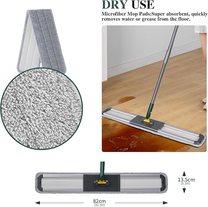 36 Commercial Mop Masthome Heavy Duty Industrial Mop for Floor CleaningCommercial Dust Mop with 3 Reusable Pads60”Long Handle Wet Dry Flat Mops for Hardwood Floors Marble Laminate Tile(Green)