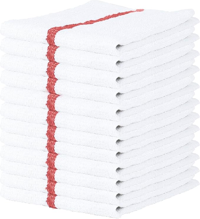 Arkwright Bar Mop Towels Pack of 12 100% Cotton Kitchen Dishcloths Absorbent Quick Dry Cleaning Cloths for Restaurant Bar and Home Kitchen 16 x 19 in White/Red