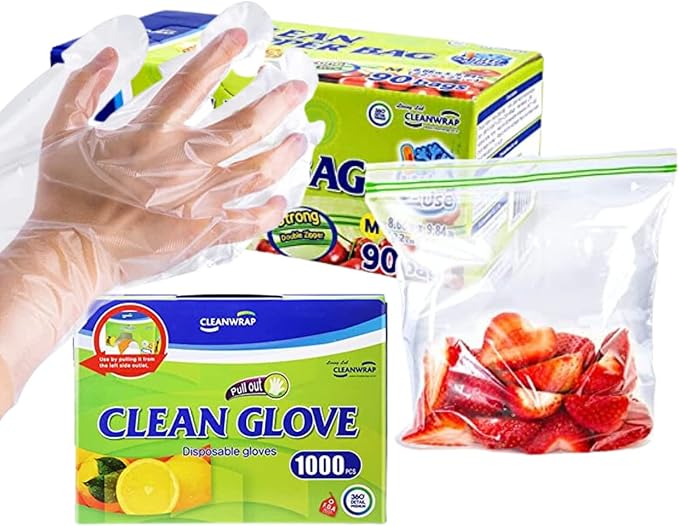 CLEANWRAP Disposable Gloves - LDPE BPA FREE (1000 Piece) + Zipper Bag (Medium 90 Bags) | Food Service Gloves Clean Gloves Disposable Disposable Plastic Gloves Korean Clean Vinyl Glove Plastic Gl