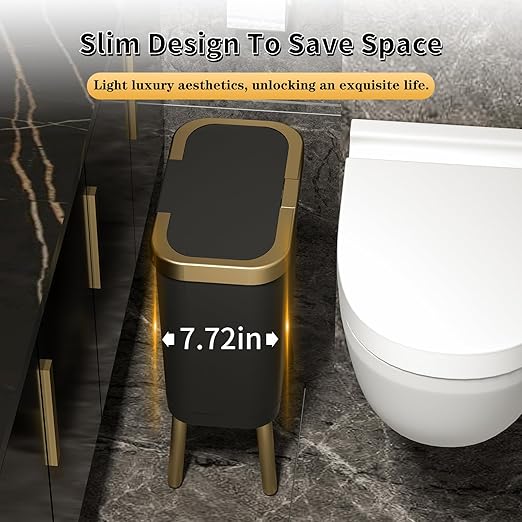 Procade Office Trash Can with Lid Black Bathroom Trash Can with Gold Edge Modern Narrow Garbage Can with Legs Slim Plastic Trash Bin for Bedroom Living RoomKitchenToilet 4 Gallon