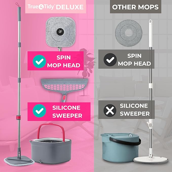 True &amp Tidy True Clean Spin Mop &amp Bucket System – Dual Compartment Design for Clean &amp Dirty Water 360° Swivel Mop Head Built-in Scrubbing Brush Stainless Steel Handle &amp 2 Reusable M