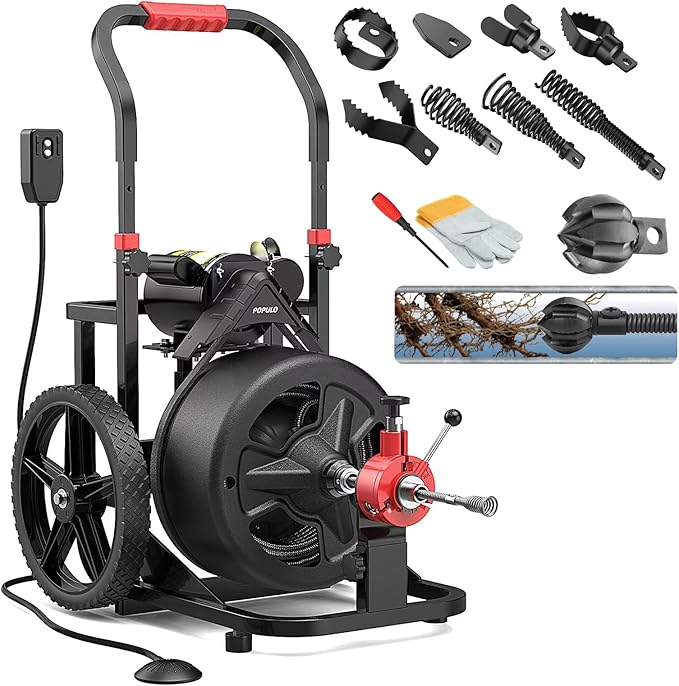 100 ft x 1/2 inch POPULO Auto Feed Electric Drain Snake Auger for 2 to 4 Inch Pipes Sewer Plumbing Snake Auger Heavy Duty Drain Cleaner Machine with 8 Cutters &amp 1 Root Killer &amp Gloves