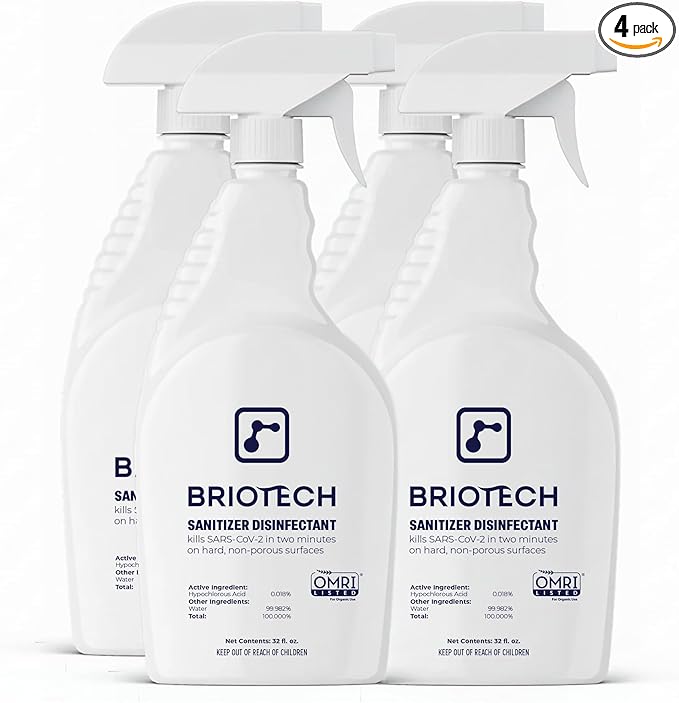 BRIOTECH Sanitizer Disinfectant Hypochlorous Spray Kill 99.99% of Viruses &amp Bacteria Control Mold Eliminate Odor Gentle for Nursery &amp Play Rooms Food Contact Surface Sanitizer 32 fl oz (