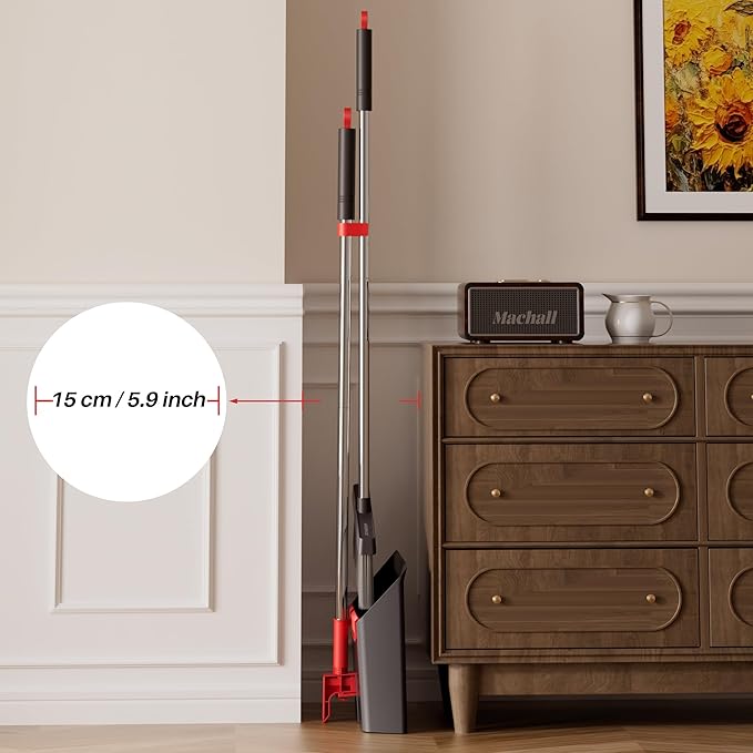 JOYMOOP Black and Red Broom and Dustpan Set Upright Angle Design with Built-in Comb Teeth for Home Office Hard Floors