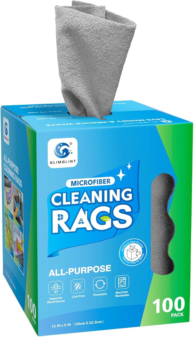 GLIMGLINT Cleaning Rags 100 Pack Microfiber Cleaning Cloth Lint-Free Ultra Absorbent Reusable Paper Towels for Home Kitchen Car Garage or Shop Dish Rags 11 x 9 Grey