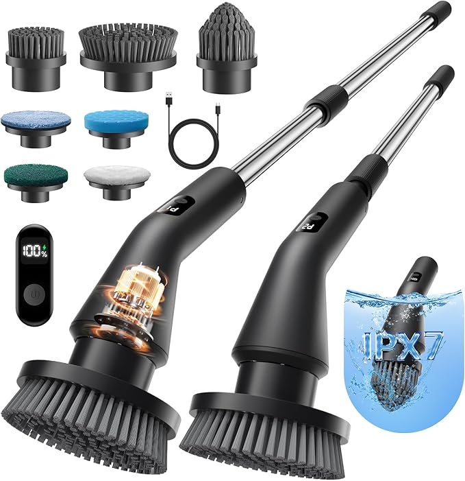Leebein Electric Spin Scrubber 2026 Upgraded Cordless Cleaning Brush Bathroom Scrubber IPX7 Waterproof Electric Scrubber with 7 Brush Heads Extendable Long Handle Power Scrubber for Bathtub Floor