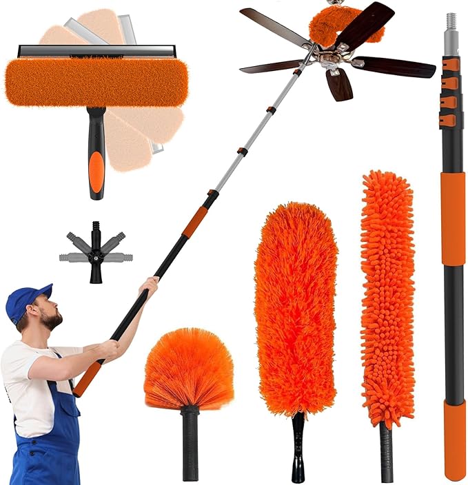 Buyplus 26FT Reach Dusting Kit Long Duster with 5-20FT Extension Pole for High Ceilings Cobweb Duster Microfiber Duster Window Squeegee Extendable Duster Cleaning Kit