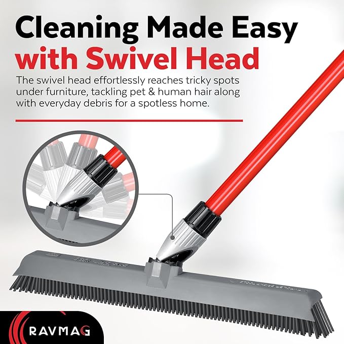 2-in-1 Silicone Rubber Broom Carpet Rake and Squeegee - Swivel Pet Hair Removal Broom with 1 Piece Long Handle - Slanted Side Bristles for Corners - Multipurpose Broom for Carpet Hardwood Floor Tile