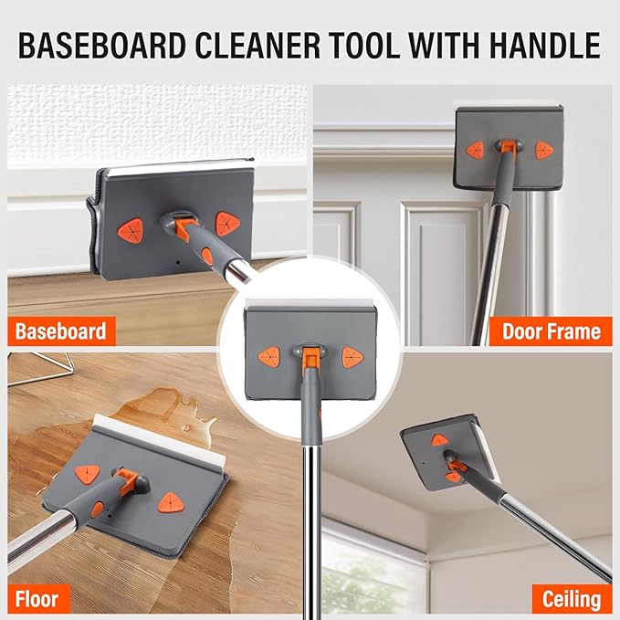 Baseboard Cleaner Tool with HandleWall Cleaner mop with Squeegee Baseboard Cleaning Tool with 85 inch Extension Pole8 Replacement Pads for Baseboards Cleaning Ceiling Wall Floor Shower