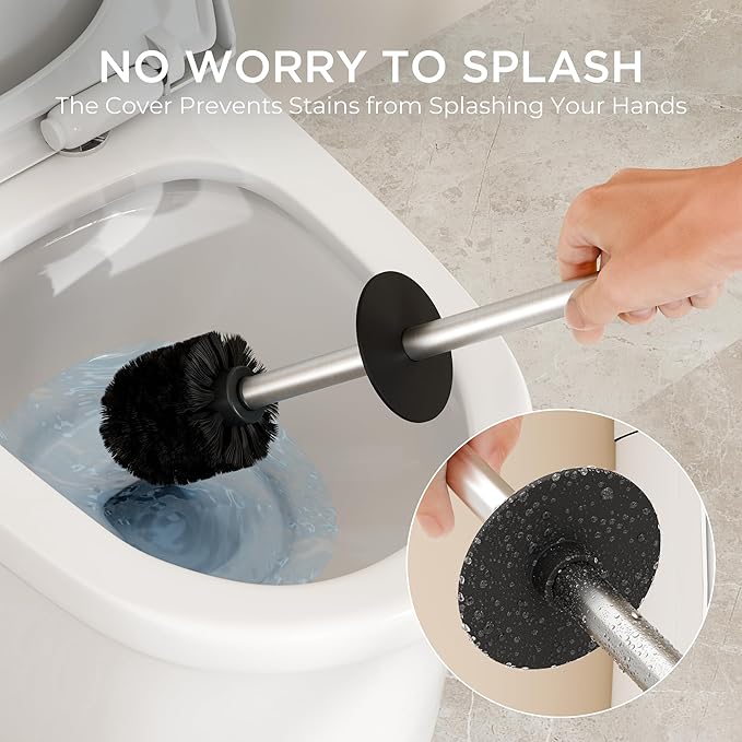 FORIOUS Toilet Brush and Holder Set Heavy Duty 304 Stainless Steel Base Square and Long Handle for Bathroom Deep Cleaning Drip-Proof Space Saving for Storage 2 Toilet Bowl Brush Head