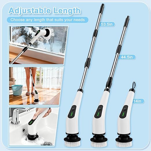 Electric Spin Scrubber Cordless Cleaning Brush with 8 Replaceable Brush Heads Shower Scrubber with Adjustable Extension Handle Waterproof Power Scrubber for Bathroom Tile Floor Tub Car Walls