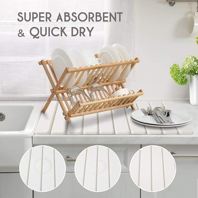 BoxedHome Stone Drying Mat for Kitchen Counter Large Stone Drying Mat Foldable Absorbent Diatomaceous Earth Bath Mat Quick Dishes Bottles Cups Bathroom 24(L)×16(W) White
