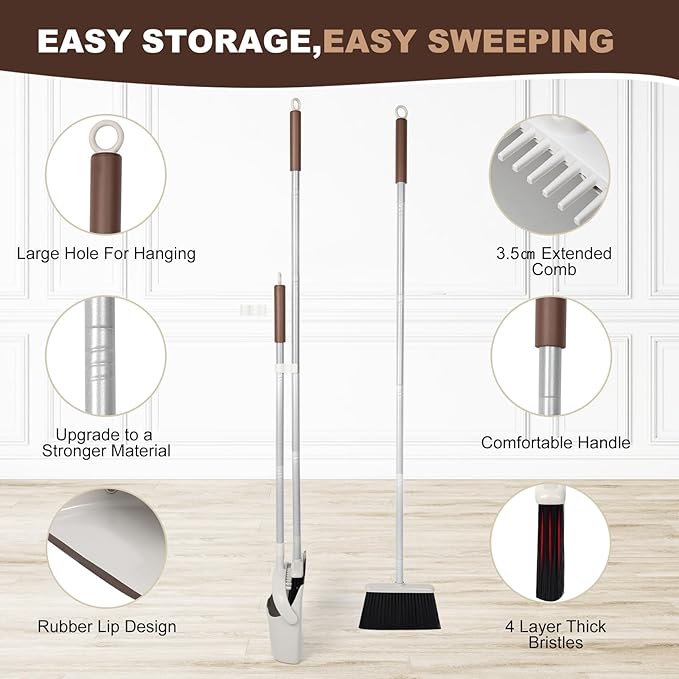 54 Long Handled Broom and Dustpan Set - Perfect Dust Pan and Brush Combo for Efficient Cleaning Brown and White