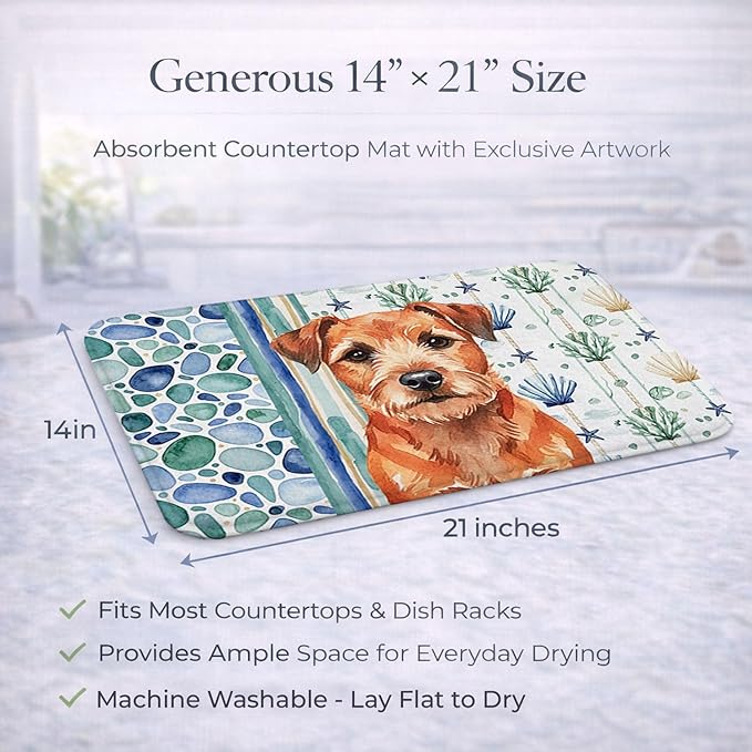 Caroline's Treasures Red Border Terrier Coastal Sea Glass Dish Drying Mat Absorbent Dish Drying Mat Pad for Kitchen Counter Dish Drainer Mat for Countertop 14 x 21 Multicolor