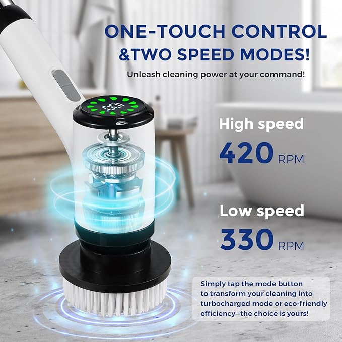 Electric Spin Scrubber Cordless Power Cleaning Brush with 8 Replaceable Heads 2 Adjustable Speeds LED Display &amp Long Handle Ideal for Bathroom Tub Tile Floor Car Cleaning