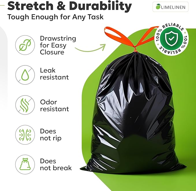 LIMELINEN 30 Gallon Garbage Trash Bags 100 Count 1.2 mil Extra Thick Trash Bags with Drawstring Closure Leak and Odor-Resistant Large Plastic Bags For Office Home Hospital Big Waste Binst