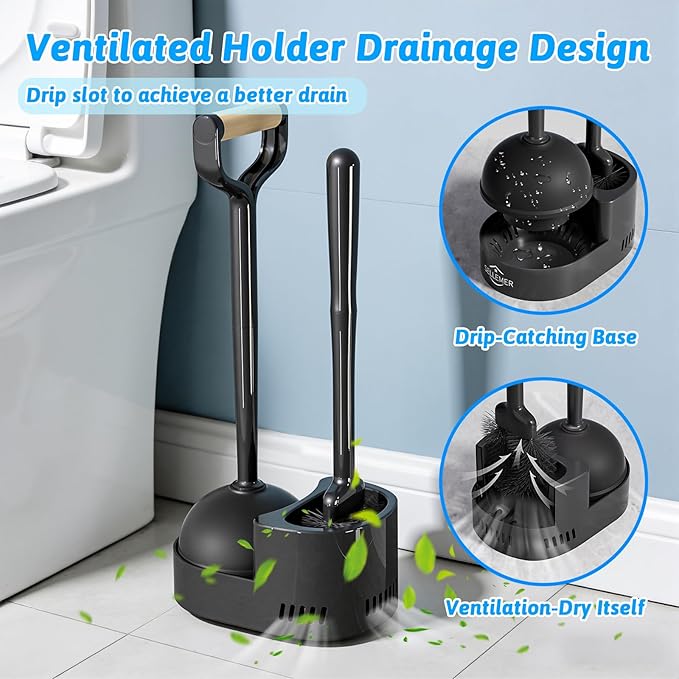 Sellemer Toilet Brush and Plunger Set Curved Design Head for Deep Cleaning Heavy Duty Toilet Bowl Brush and Plunger Combo with Holder for Bathroom Cleaning Black 2 Pack