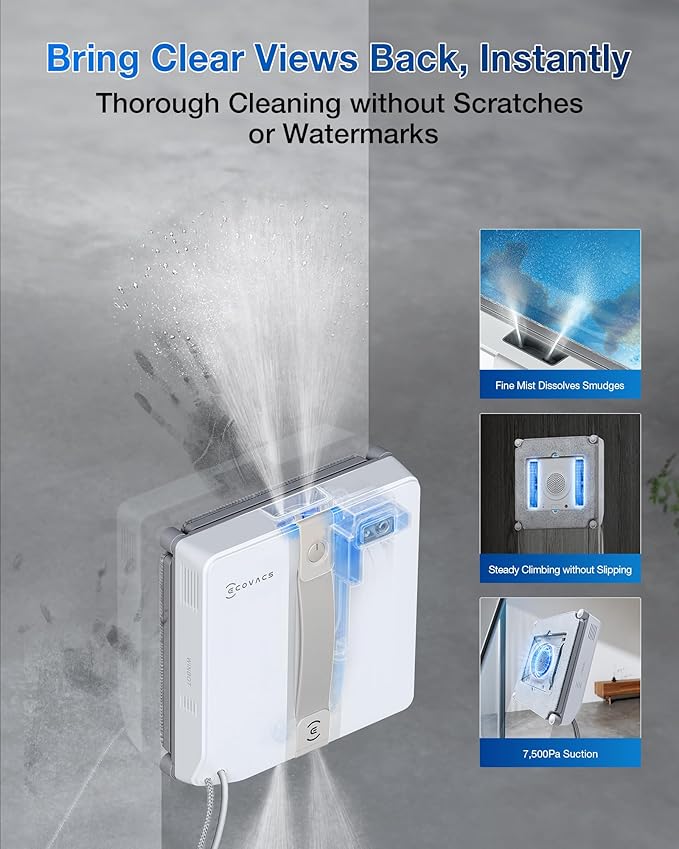 ECOVACS WINBOT Mini Window Cleaning Robot - Compact Design Dual Nozzles with Ultrasonic Spray 9-Stage Protection System Intelligent Path Planning 3 Cleaning Modes Anti-Slipping System
