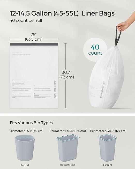SONGMICS Trash Bags for 12-14.5 Gallon (45-55L) Trash Cans80 Count Drawstring Kitchen Garbage Bags Pre-Separated Liner Code 055A01 2 RollsWhite UKRB055A02