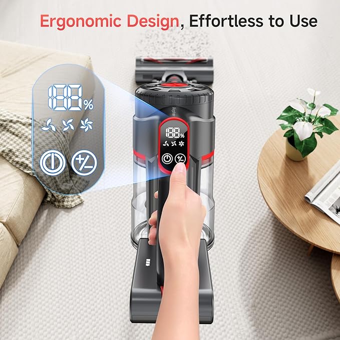 Cordless Vacuum Cleaner 580W 60KPA Dual Motor Stick Vacuum for Home with 70mins Runtime 6 LED Green Headlights Self-Standing Design V-Shaped Floor Brush for Carpet Tile Pet Hair Hardwood Floors