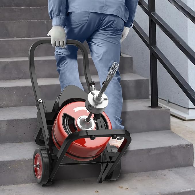 75Ft Drain Cleaning Machine 450w Portable Drain Auger with Wheels 1/2 Auto-Feed Drain Snake with 4 Cutters Electric Sewer Auger for Sink Toilet Floor Drain