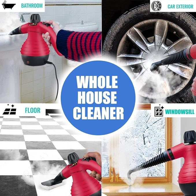 Comforday Handheld Pressurized Steam Cleaner - Multipurpose Steamer with 9-Piece Accessory Kit for Stain Removal Upholstery Curtains Car Seats Carpets Floors and Windows (Red)
