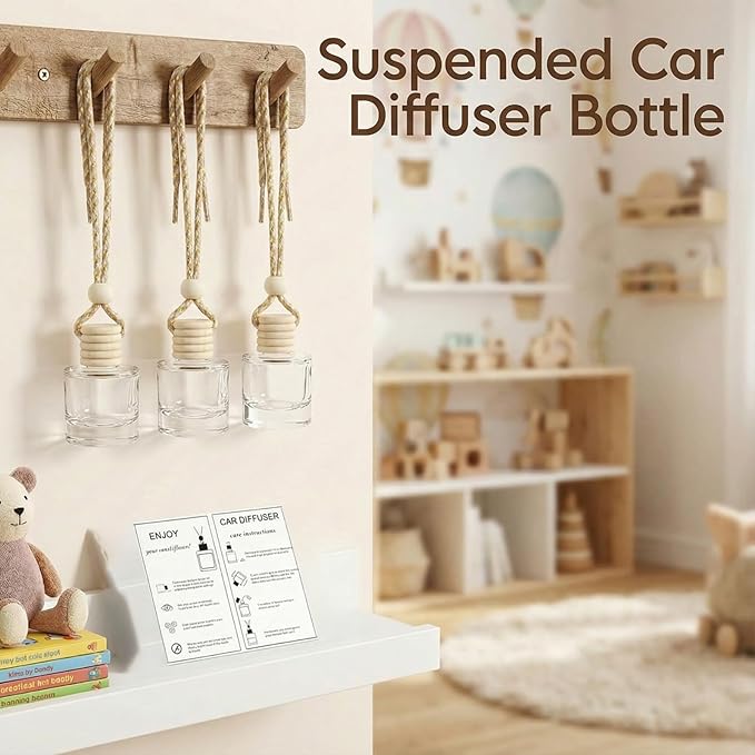 110 Sets Hanging Car Air Freshener Diffuser Bottles with Instruction Card Droppers and 4 x 6'' Resealable Holographic Bag Empty Car Essential Oil Perfume Bottles for Aromatherapy(Cylinder)