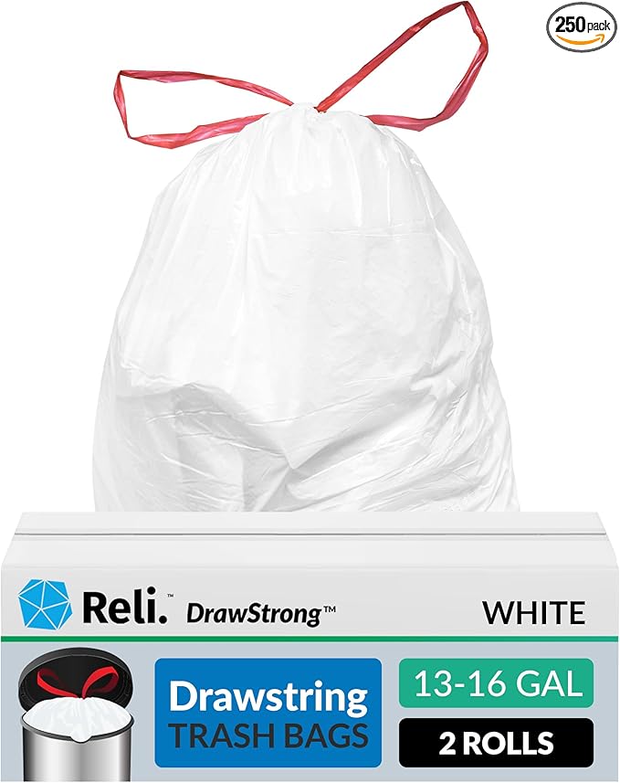 Reli. Drawstring Trash Garbage Bags Tall Kitchen 250 Count Bulk White 13 Gallon - 16 Gallon Capacity