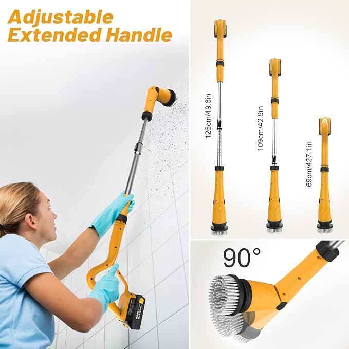 Qimedo 1500 RPM Electric Spin Scrubber with Two Batteries Q2 Pro Cordless Battery Powered Shower ScrubberElectric Tile Floor Scrubber with Display for Grout/Tile/Tub (Effortless Handle/8 Brushes)