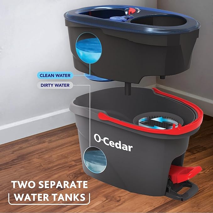 O-Cedar RinseClean Spin Mop &amp Bucket System + 1 Extra Mop Head | Clean with Clean Water | Removes 99% of Bacteria