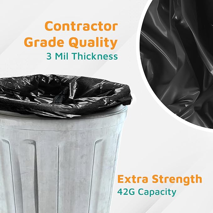 PlasticMill Contractor Bags Heavy Duty - Commercial Industrial Garbage Bags - Black Construction Trash Bags - Outdoor Garden Trash Bags 42-Gallon 3 Mil 33x48 (32-Count)