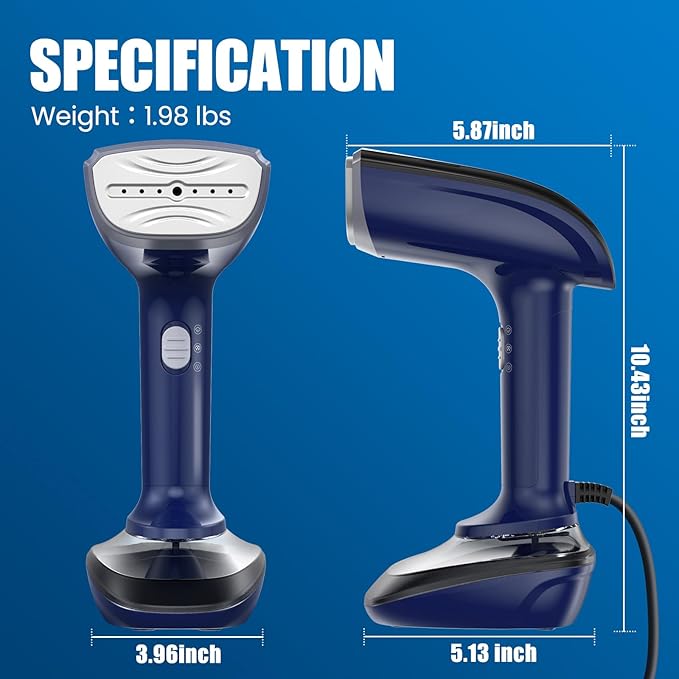 Powerful Handheld Fabric Steamer - 1800W with Fast Ceramic Heat-Up Plate 2-in-1 Ironing &amp Wrinkle Remover Steam Nozzle Lint Brush - Blue for US 120V Only