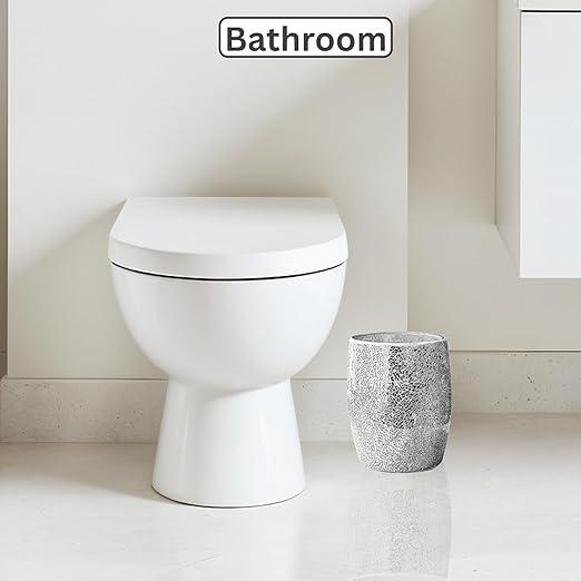 Escenzy Modern Bathroom Trash Can Silver Mosaic Glass 5L | 7 x 10 | Luxury Waste Basket for Restroom Bedroom Office &amp Kitchen | Decorative Small Garbage Can | Silver Glitter Bathroom Accessori