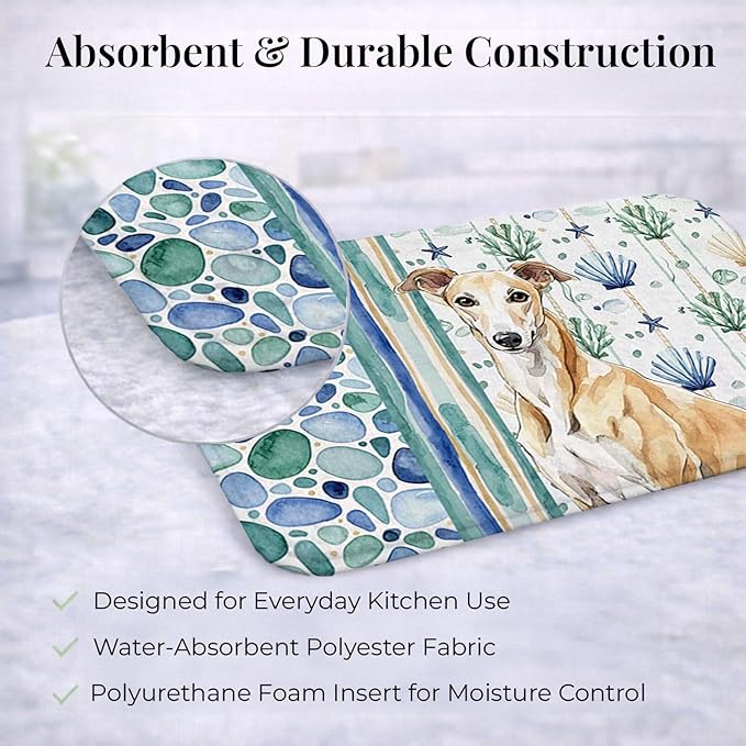 Caroline's Treasures Fawn Greyhound Coastal Sea Glass Dish Drying Mat Absorbent Dish Drying Mat Pad for Kitchen Counter Dish Drainer Mat for Countertop 14 x 21 Multicolor