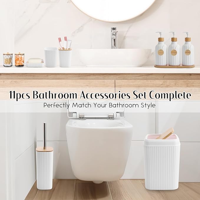Bathroom Accessories Set White Bathroom Set with Trash Can3PCS Lotion Soap Dispenser Toothbrush Holder Soap DishTumbler Cup6pcs Wood Tags White Bath Accessories with Tray for Bathroom Decor