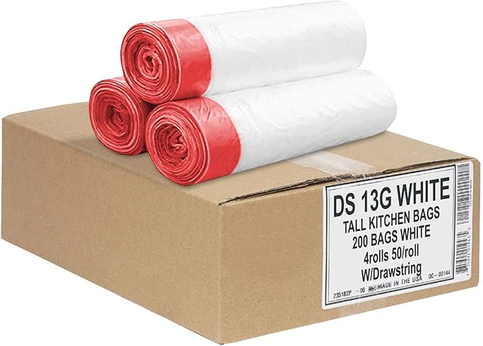 Aluf Plastics Tall Kitchen 13 Gallon Drawstring Trash Bags 0.9 MIL - (Bulk 200 Count) - 24 x 27 - Wholesale Commercial Garbage Bags