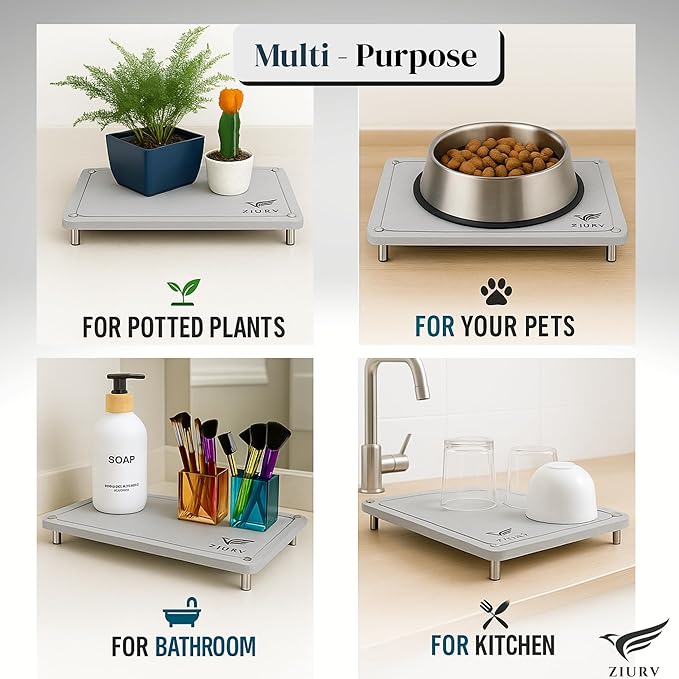 6 PCS Stone Drying Mat Set for Kitchen Counter 2 Large Diatomaceous Earth Dish Drying Mats with Stainless Steel Legs Dish Rack Soap Dispenser Set with Tray Quick Expandable System Dish Dryer Mat