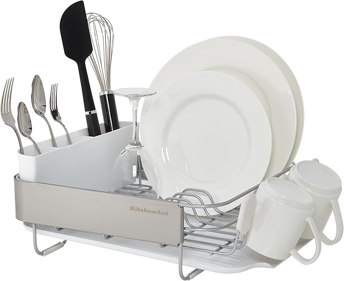 KitchenAid Compact Satin Wire Rust Resistant Expandable Dish Rack with Angled Self Draining Drainboard with Removable Flatware Caddy 23.18-Inch Gray