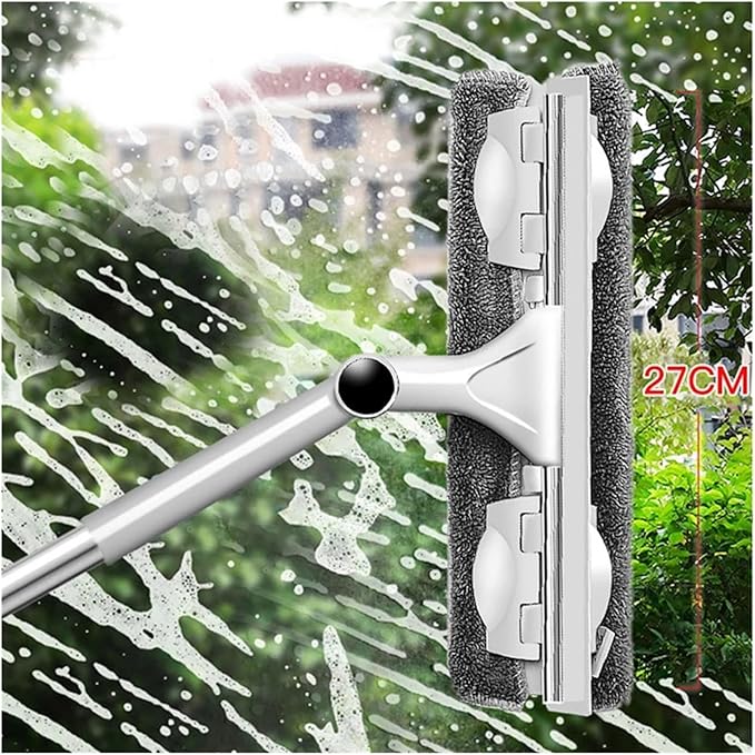 Telescopic Rod Glass Cleaning Mop – Long Handle Window Wiper &amp Washer Tool with Brush Head for Household Use(Khaki 1 mop 3 Cloth)