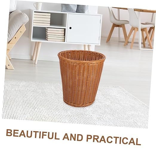 Cabilock 1Pc Simulated Rattan Woven Trash Can Decorative Wastebasket for Home Use Chic Imitated Rattan Style Versatile Trash Bin for Kitchen Bathroom and Office Decor