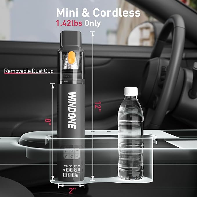 Windone Car Vacuum 12000Pa 2-in-1 Cleaner &amp Tire Inflator 150PSI 60W Brushless Motor Cordless Handheld Vacuum &amp Air Pump with Pressure Gauge LED Light Multi-Nozzles for Car Home Office