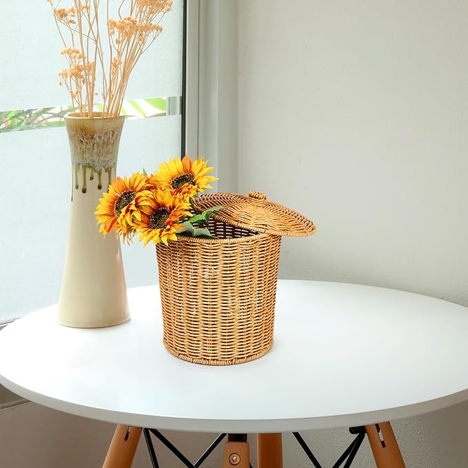 Rattan Waste Basket Wicker Trash Can with Lid Round Trash Bin Woven Storage Basket Clothes Container Laundry Hamper for Bedroom Living Room Bathroom Chocolate